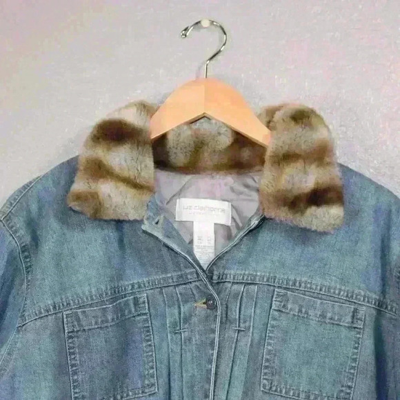VINTAGE 90s Liz Claiborne Jean Faux Fur Cuff Collar Chore Trucker Coat Women XL - Picture 2 of 16